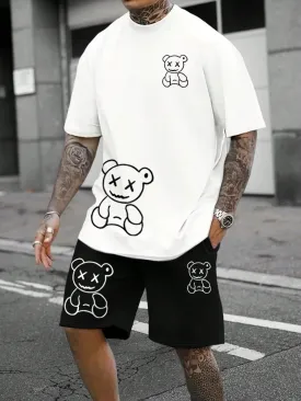 Manfinity Homme Men's Cartoon Bear Print Crew Neck Short Sleeve T-Shirt And Drawstring Pocket Shorts Set