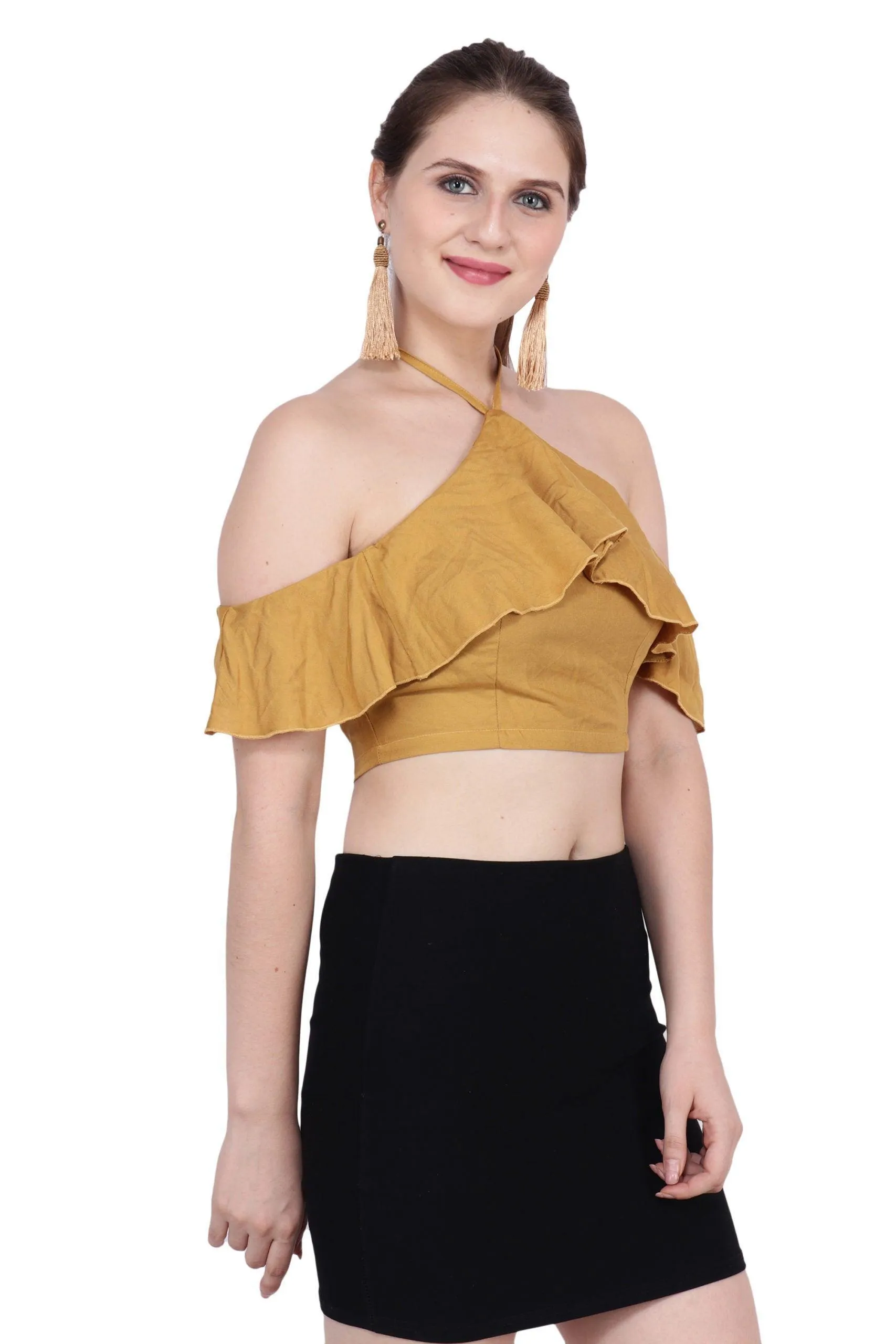 Mustard Solid Flounce Crop Top