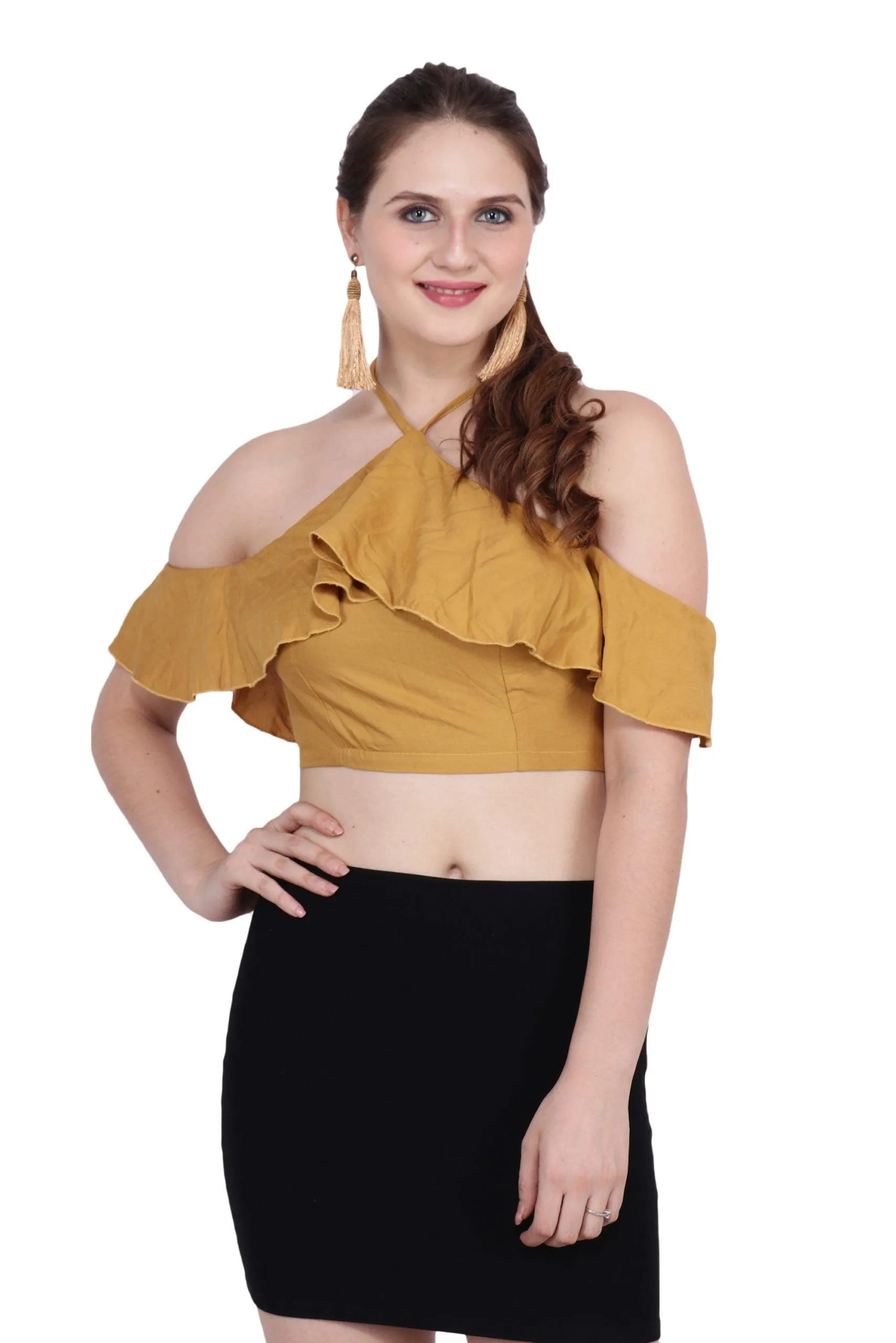 Mustard Solid Flounce Crop Top