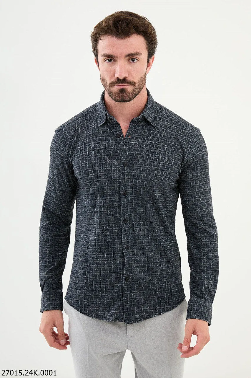 Navy Blue Textured Men's Shirt - Premium Geometric Elegance.