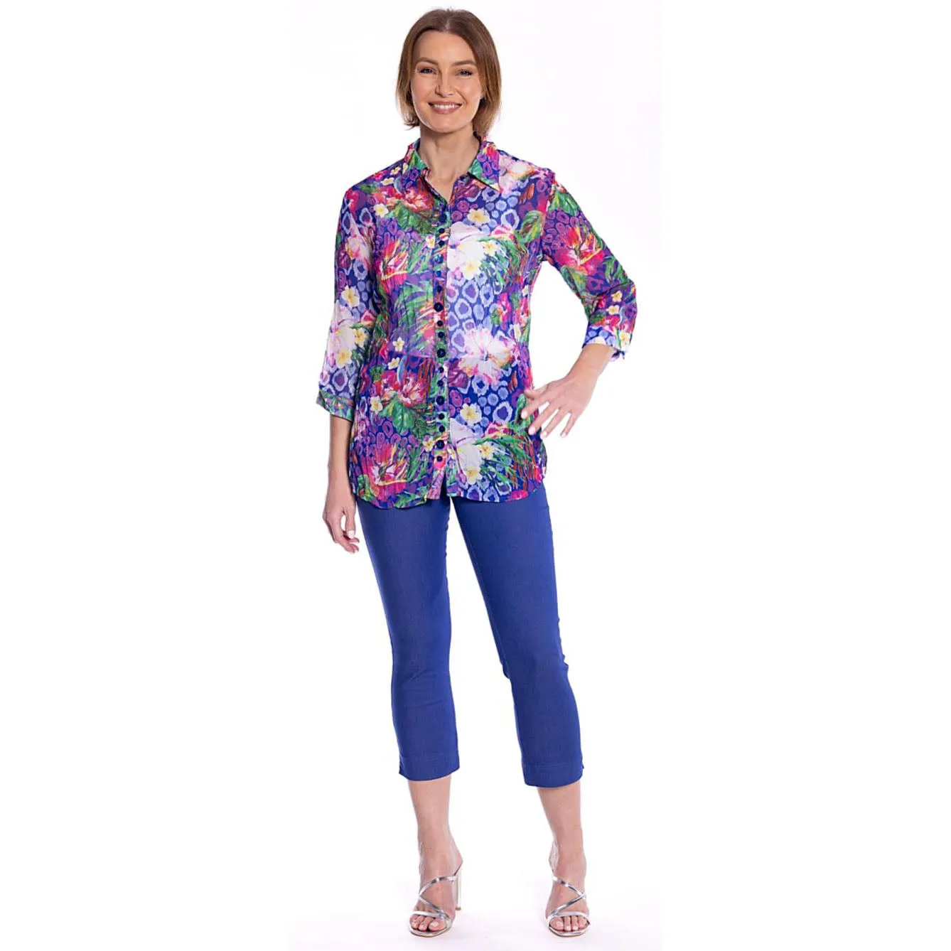 Printed Sapphire Blooms Shirt- Sapphire