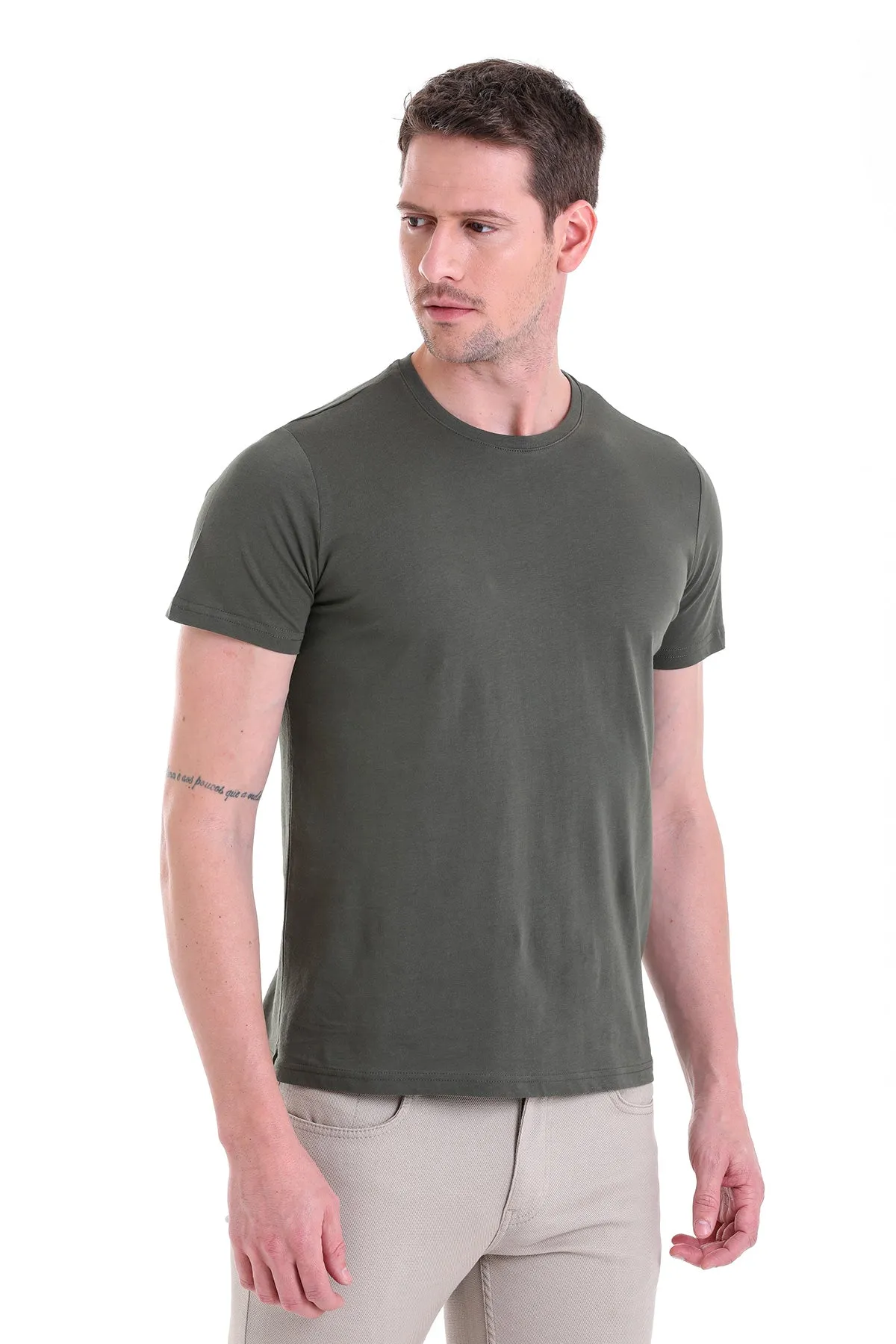 Regular Fit Khaki Basic Cotton Crew Neck T-Shirt