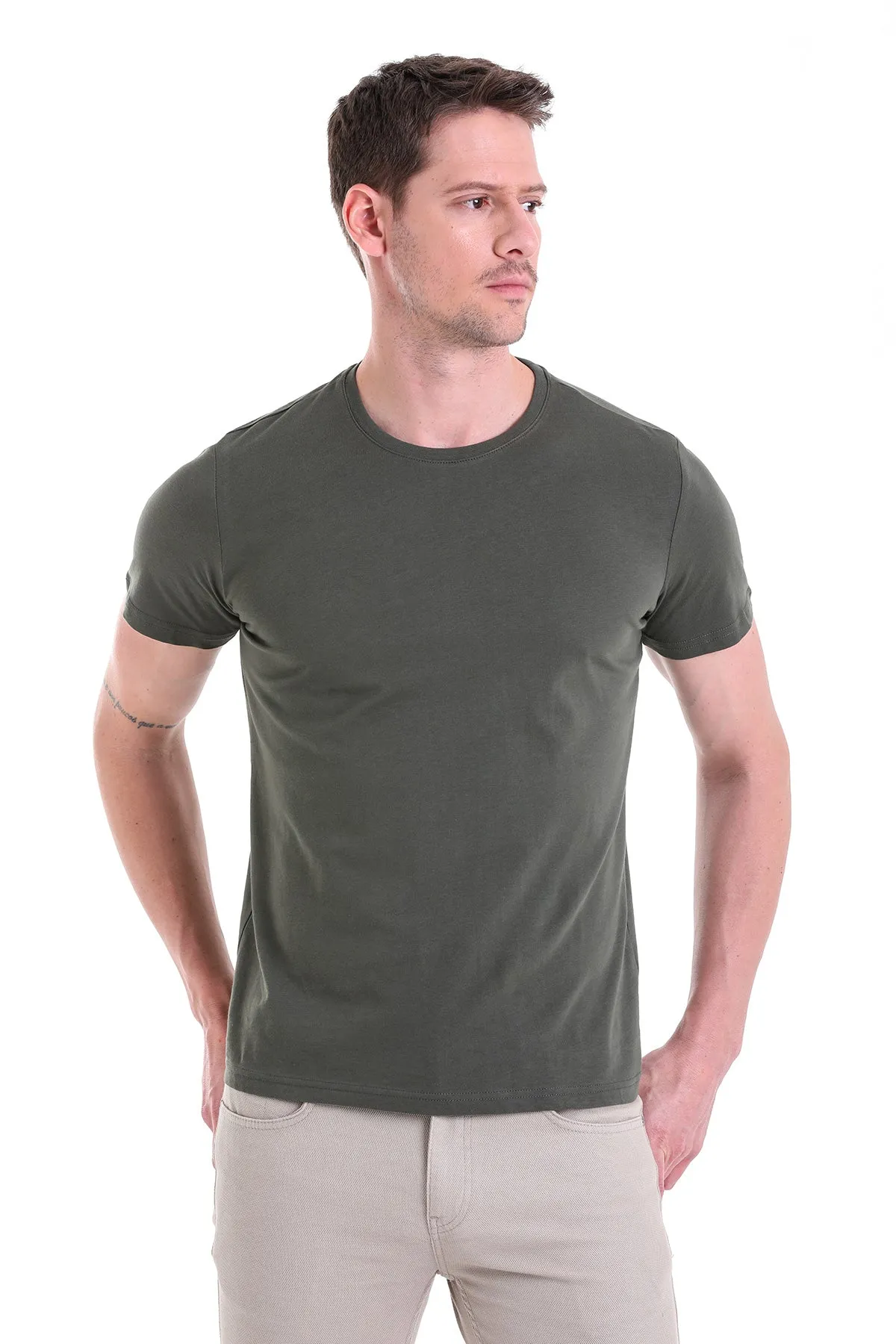 Regular Fit Khaki Basic Cotton Crew Neck T-Shirt