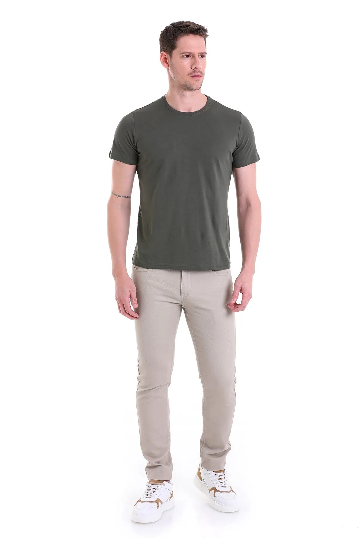 Regular Fit Khaki Basic Cotton Crew Neck T-Shirt