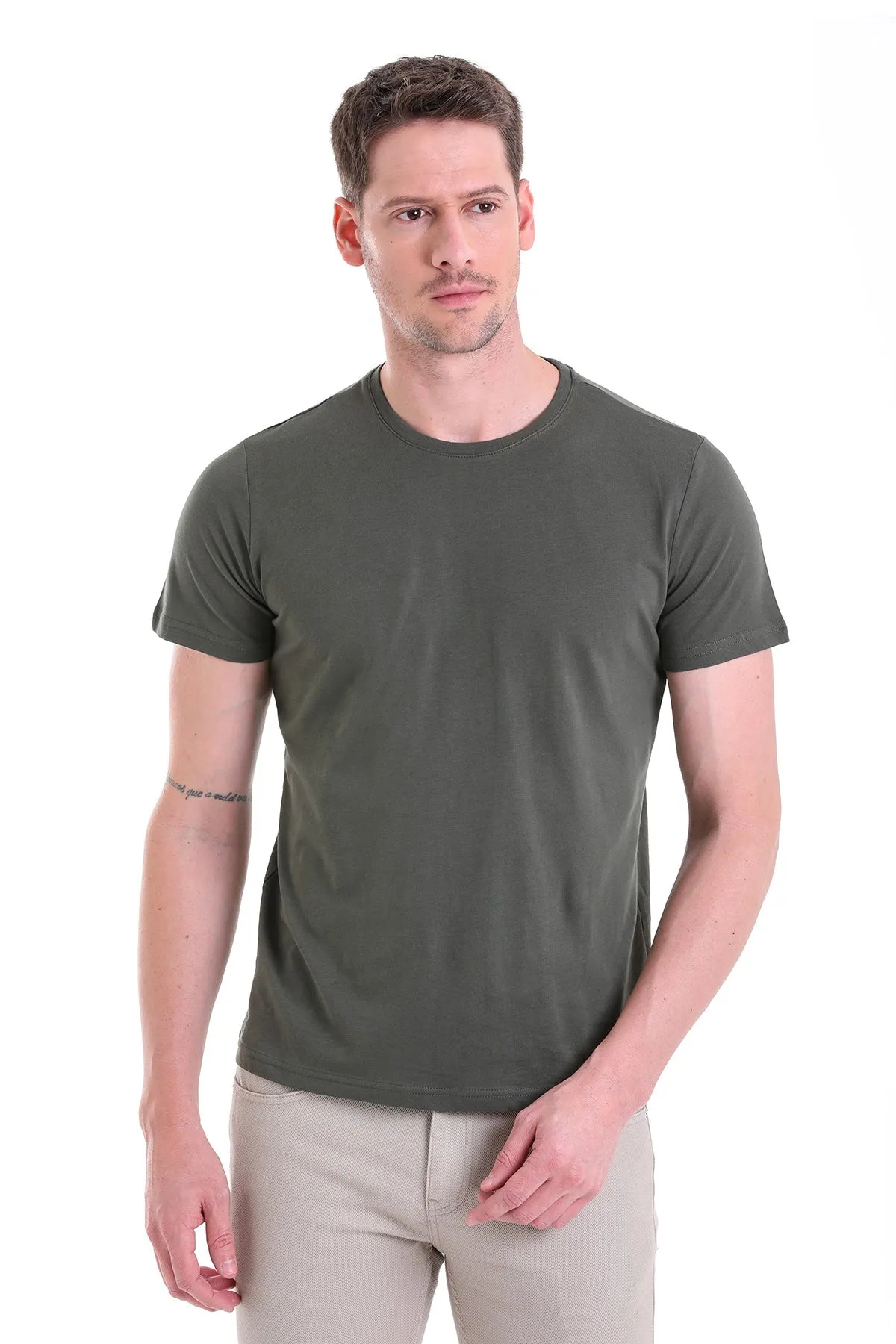 Regular Fit Khaki Basic Cotton Crew Neck T-Shirt