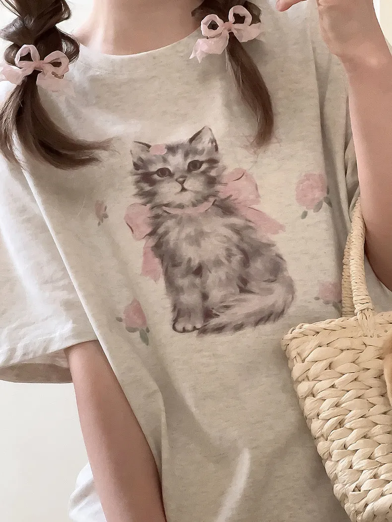 Rose Kitty Cotton T-shirt Top