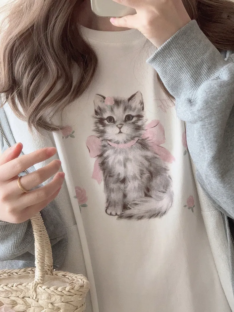 Rose Kitty Cotton T-shirt Top