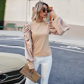 Ruched Round Neck Lantern Sleeve Blouse - Chic & Stylish, Slightly Stretchy, Comfortable Fit