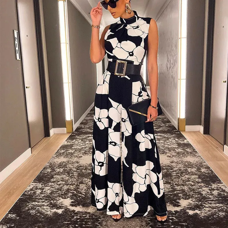 Stylish Women's Print Jumpsuit with Belt for a Comfortable and Elegant Commuting Style AST189987