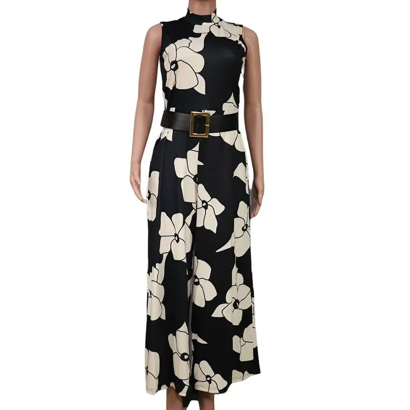 Stylish Women's Print Jumpsuit with Belt for a Comfortable and Elegant Commuting Style AST189987