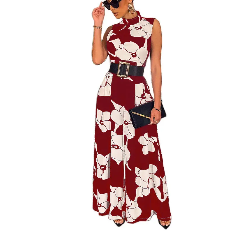 Stylish Women's Print Jumpsuit with Belt for a Comfortable and Elegant Commuting Style AST189987