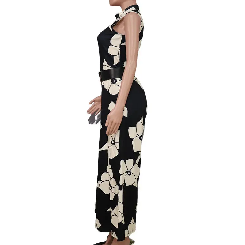 Stylish Women's Print Jumpsuit with Belt for a Comfortable and Elegant Commuting Style AST189987