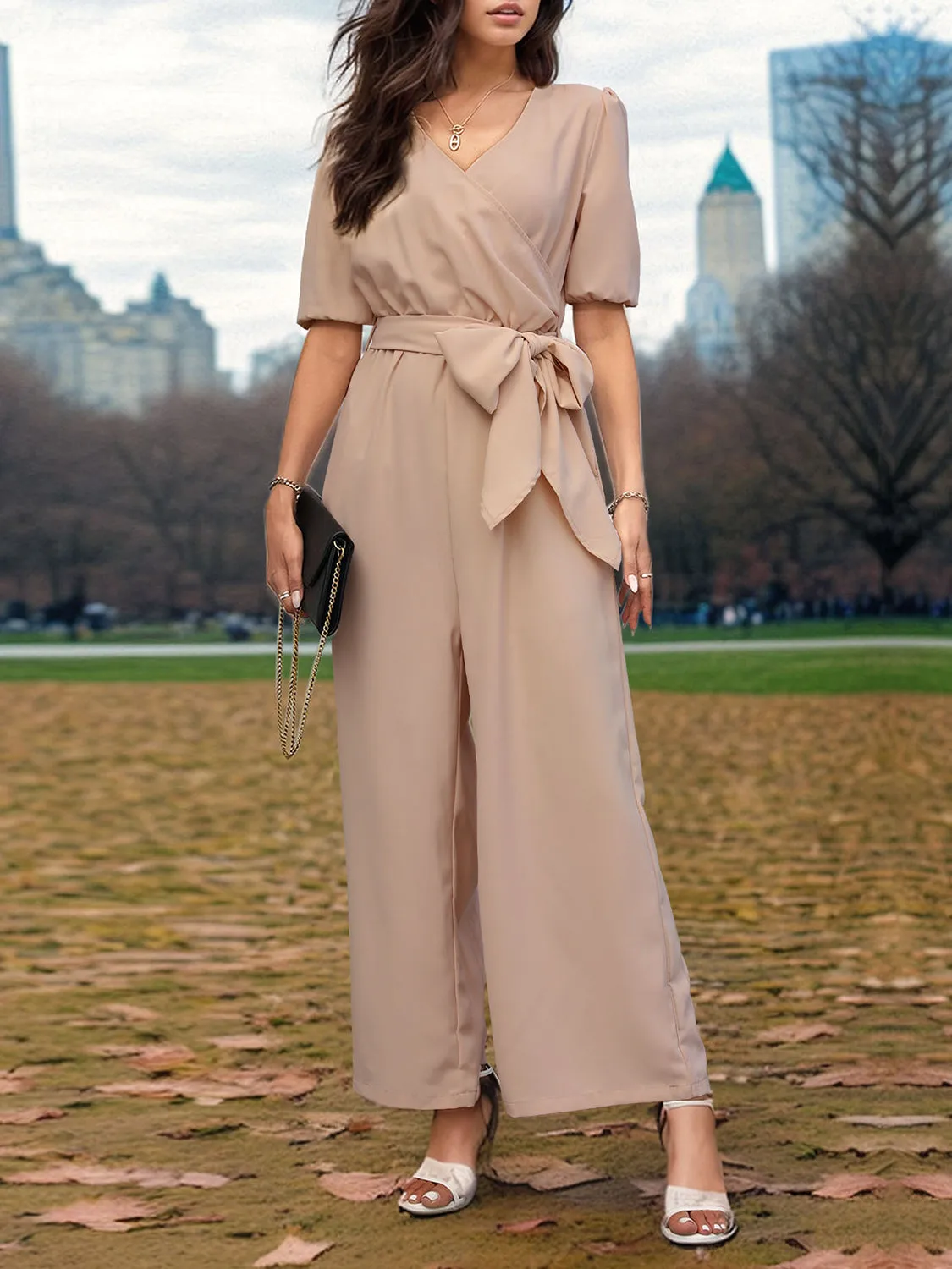 Tied Short Sleeve Wide Leg Jumpsuit - Stylish & Comfortable