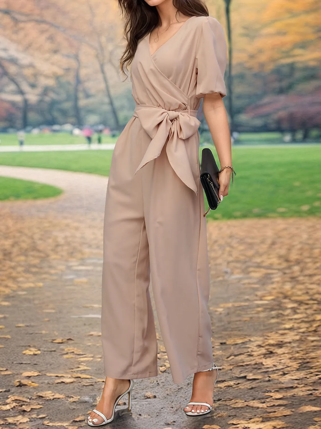 Tied Short Sleeve Wide Leg Jumpsuit - Stylish & Comfortable