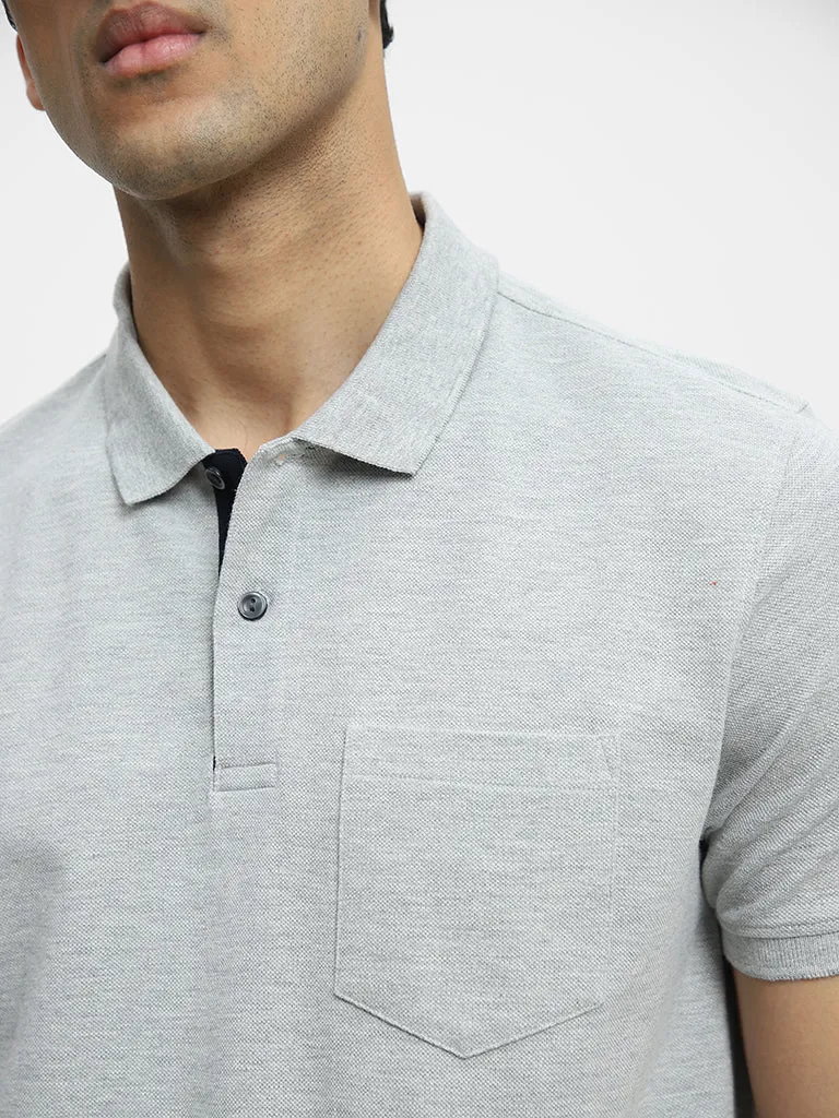 WES Casuals Grey Melange Cotton Blend Slim-Fit Polo T-Shirt