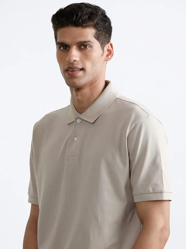 WES Casuals Plain Beige Polo Neck Cotton Blend Relaxed-Fit T-Shirt