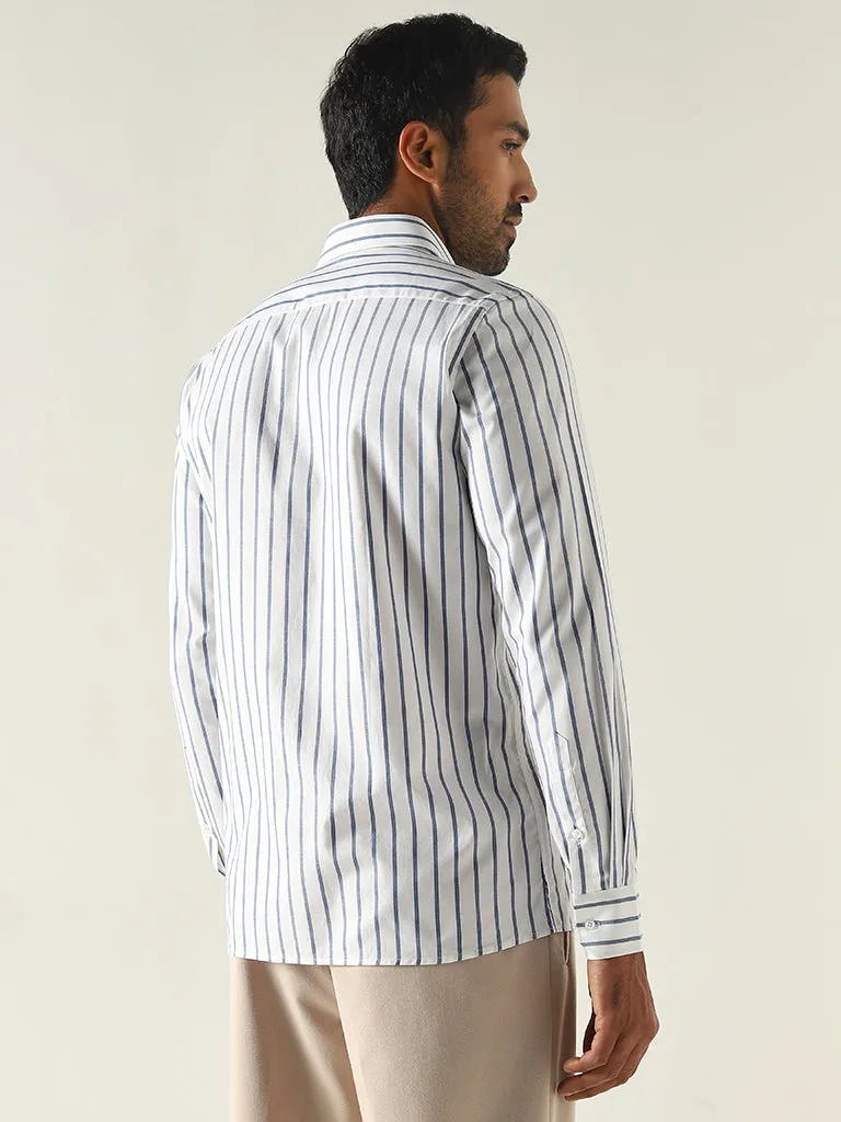 WES Formals White Stripe Printed Slim-Fit Cotton Shirt