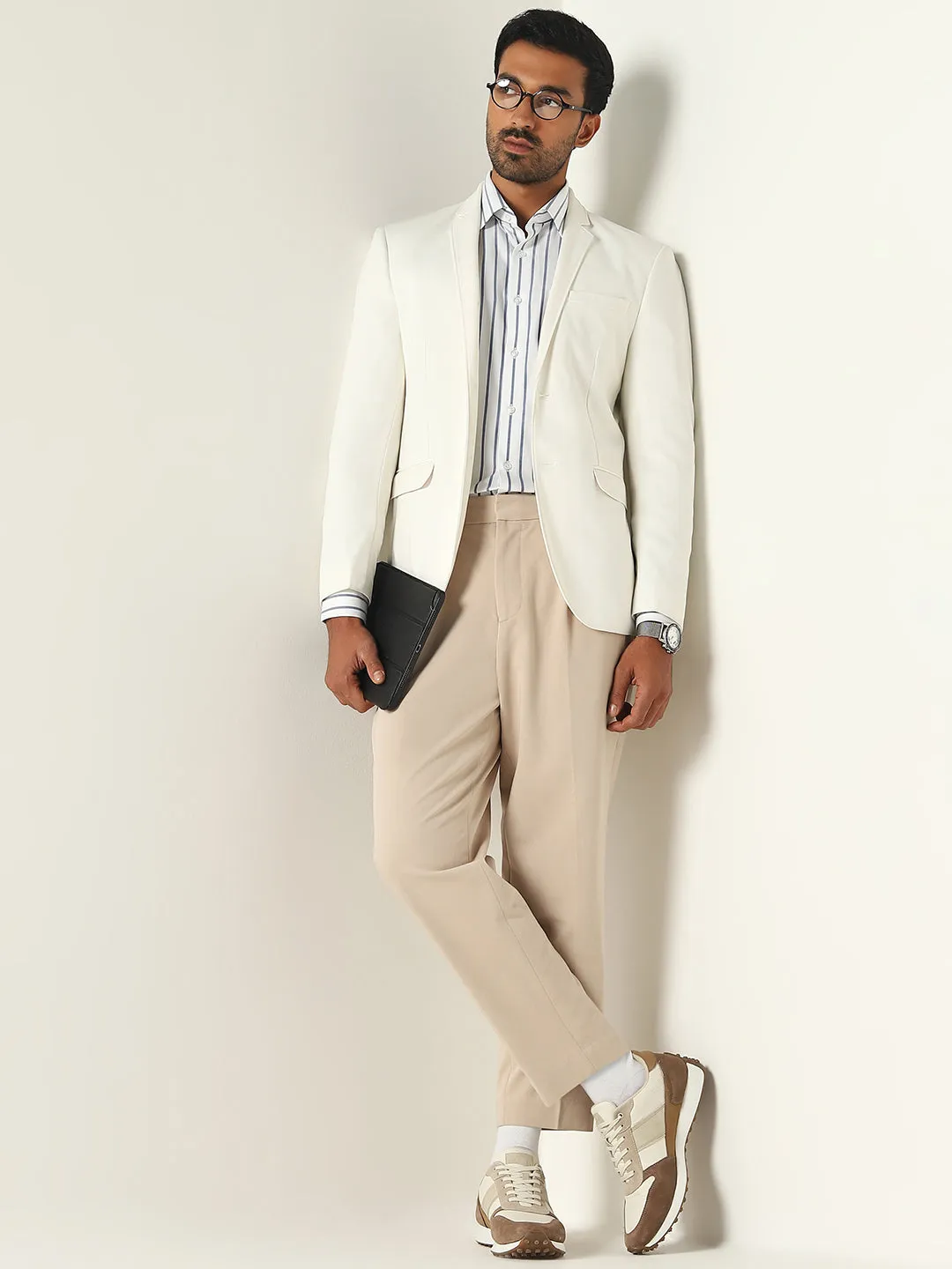 WES Formals White Stripe Printed Slim-Fit Cotton Shirt