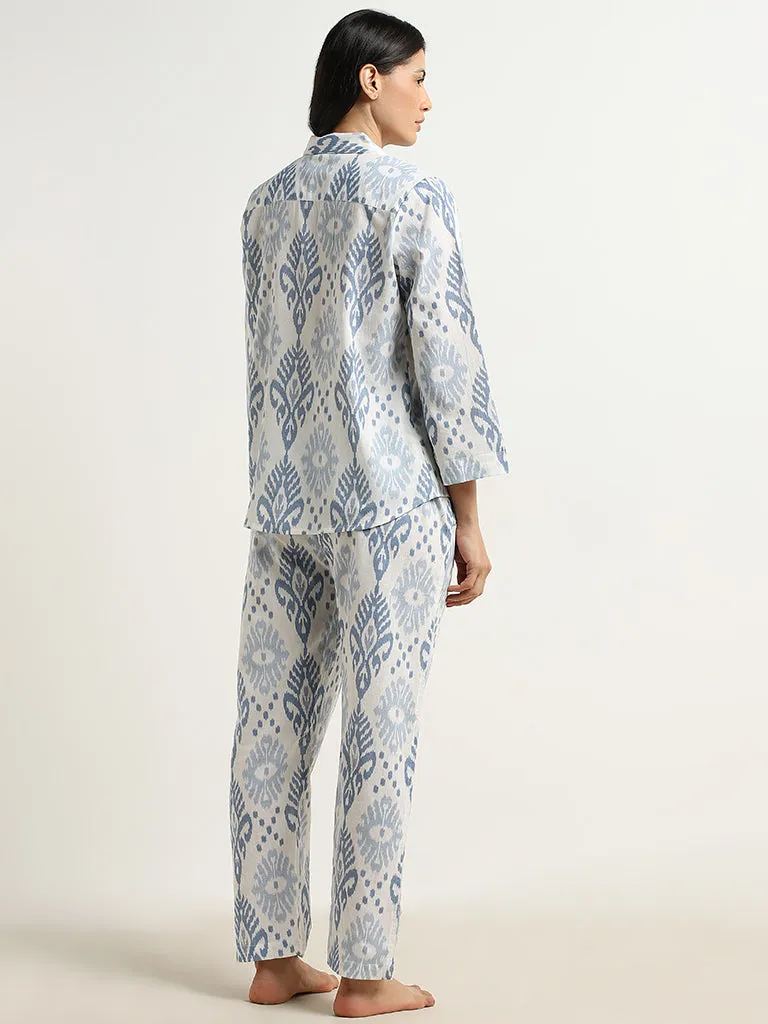 Wunderlove Blue Ikat Cotton Shirt & Mid-Rise Pyjamas Set