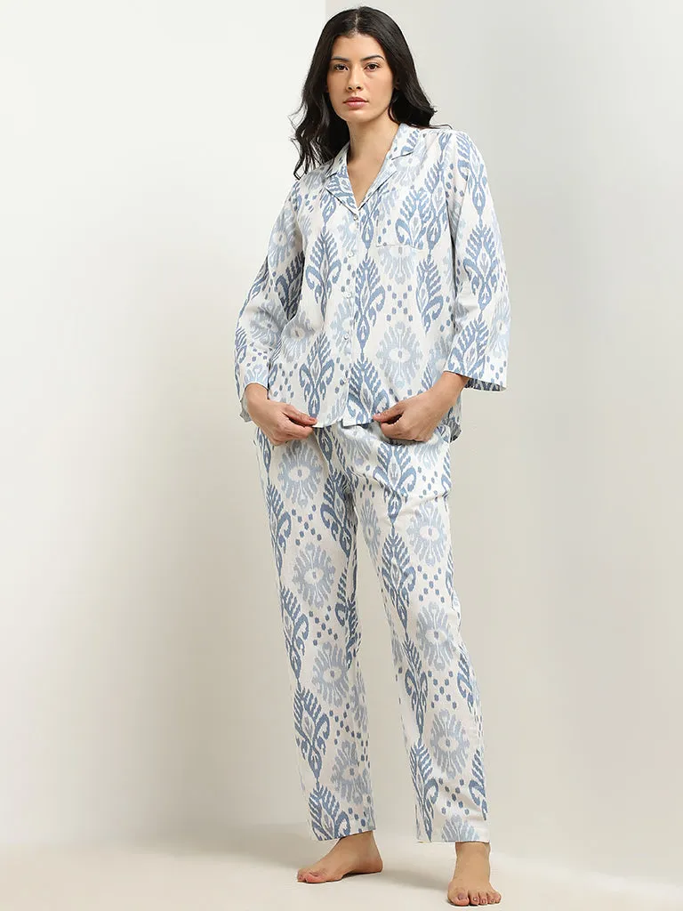 Wunderlove Blue Ikat Cotton Shirt & Mid-Rise Pyjamas Set