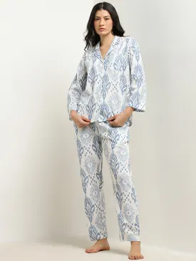 Wunderlove Blue Ikat Cotton Shirt & Mid-Rise Pyjamas Set